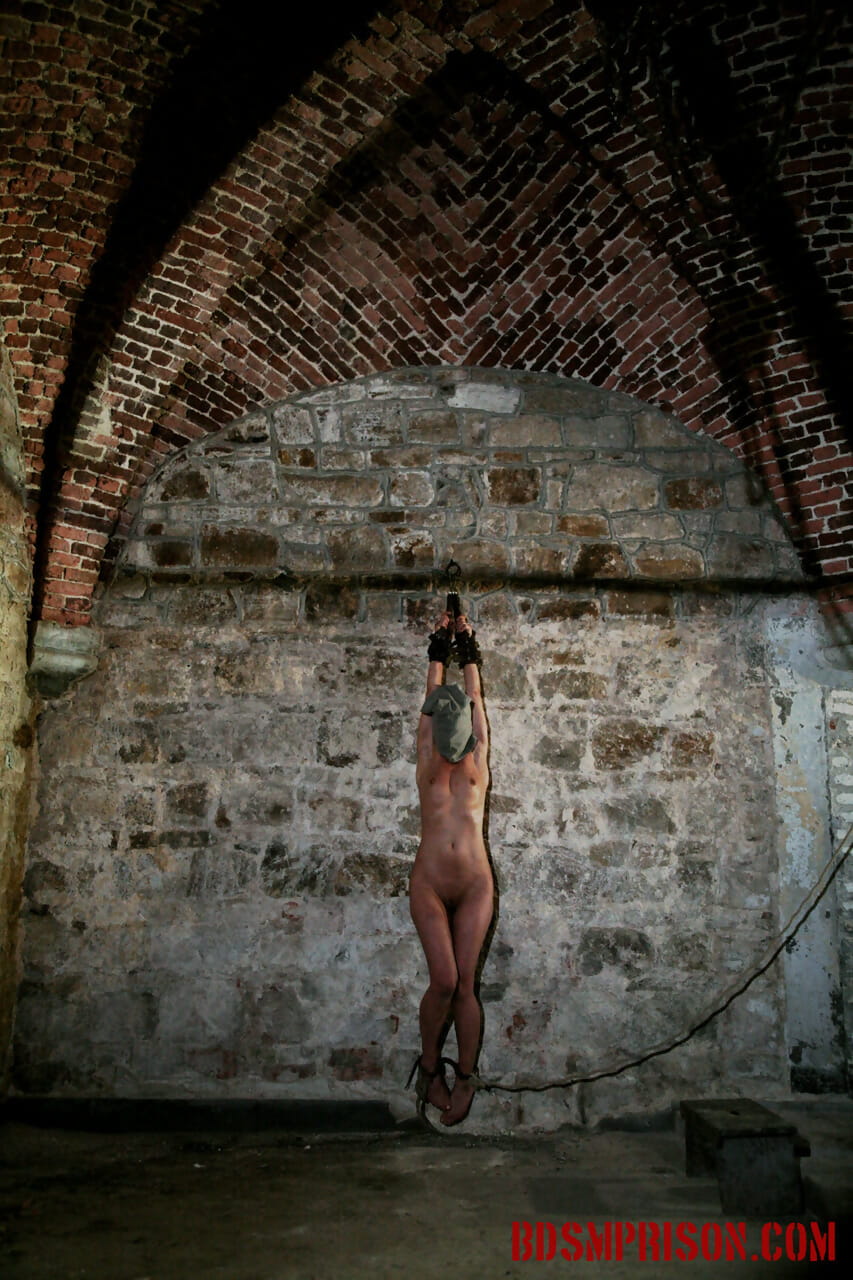 Naked blonde Mirela is whipped by captors while chained to cellar wall