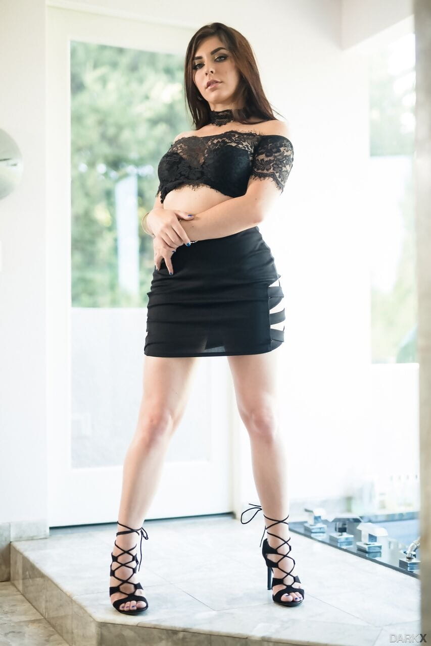 Hot white girl Keira Croft seduces a black stud in a black miniskirt and heels