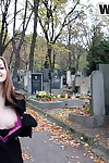Amateur chick drips cum from chin after wandering thru cemetery to fuck