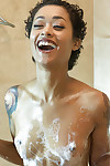 Ellena Woods and Skin Diamond have wet interracial lesbian sex in shower