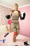 Hot busty cosplay bunny Evelina Darling covers her hot body in sheer pantyhose