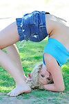 Flexible amateur blonde Jessica flashes her muff and nipples outside
