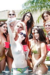Party girl Eva Lovia gives blowjob by swimming pool while girlfriends watch
